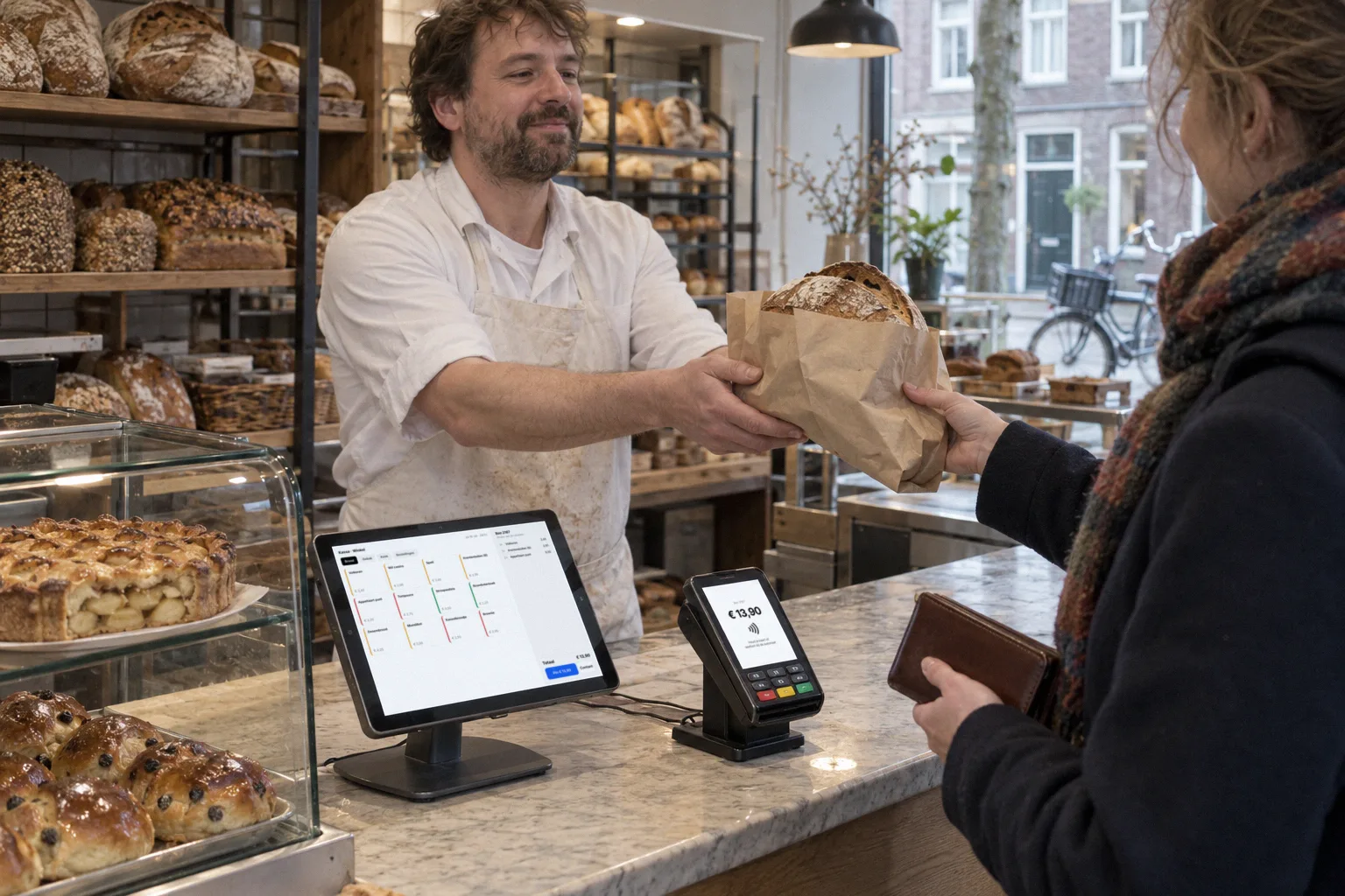 Afrekenen aan de toonbank van een bakkerij
