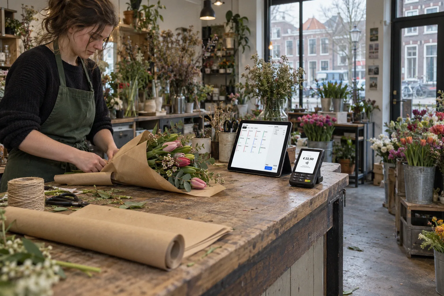 De kassa op de werktafel van een bloemist