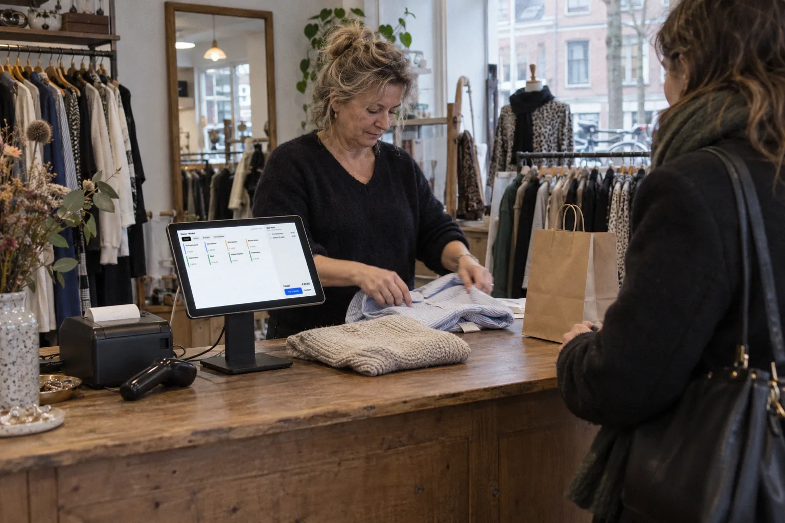 De kassa op de toonbank van een kledingwinkel