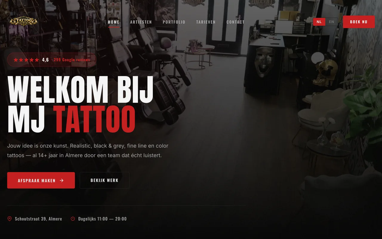 Website van MJ Tattoo Studio